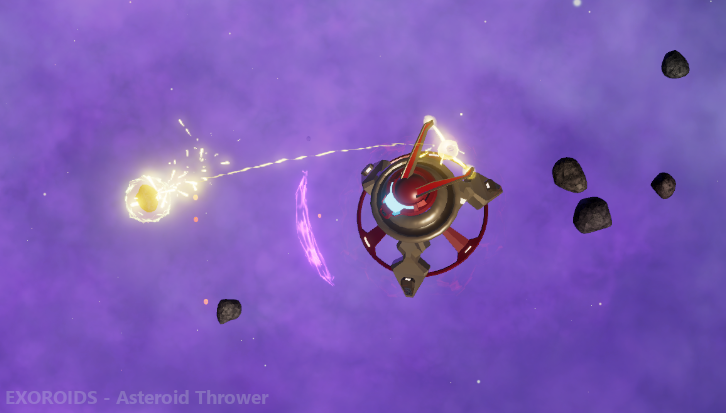 Exoroids gameplay screenshot: the Asteroid Thrower enemy among asteroids